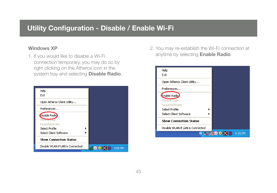 Utility confi guration - disable / enable wi-fi | IOGear Wireless-N GWU623 User Manual | Page 45 / 76