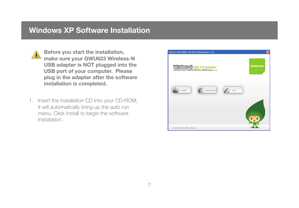 Windows xp software installation | IOGear Wireless-N GWU623 User Manual | Page 7 / 76