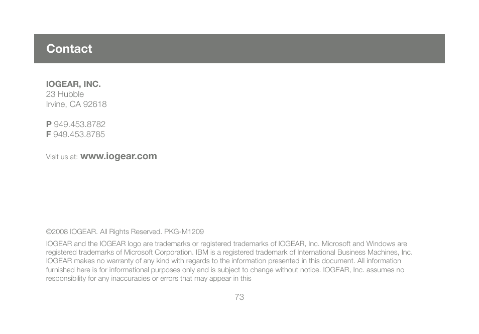 Contact | IOGear Wireless-N GWU623 User Manual | Page 73 / 76