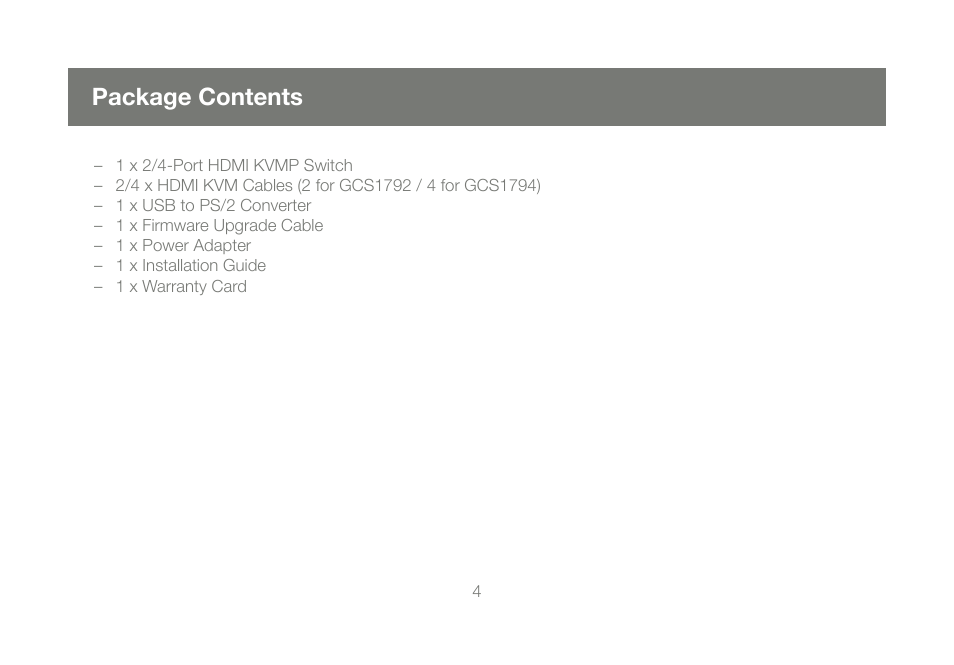 Package contents | IOGear M1086 User Manual | Page 4 / 40
