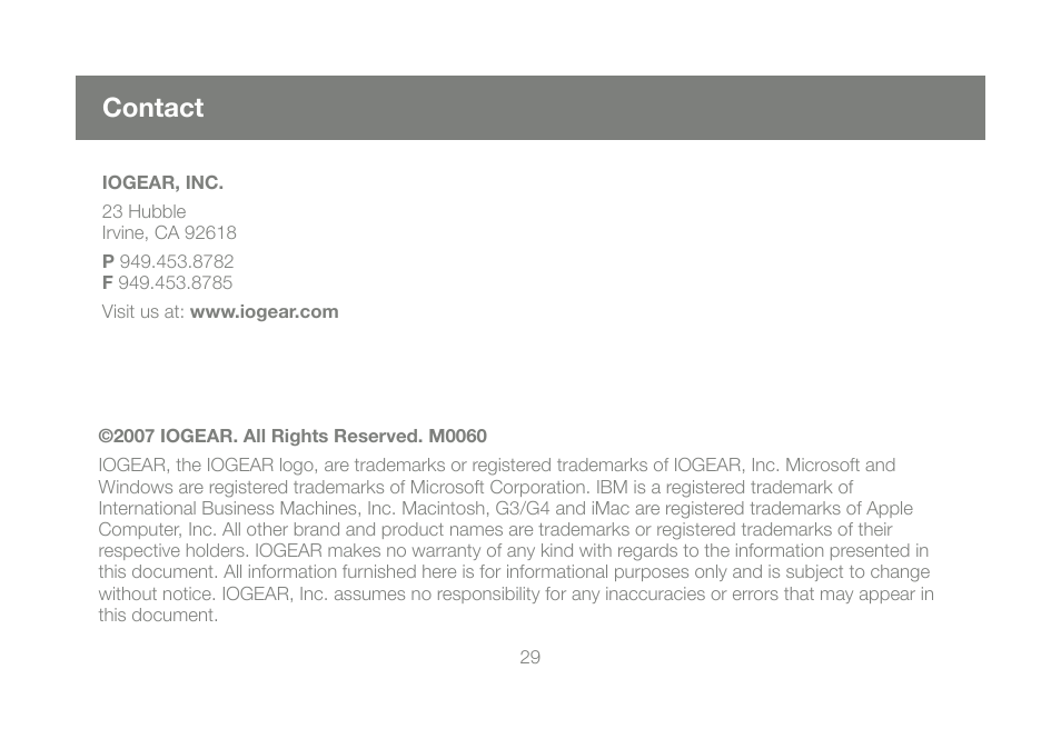 Contact | IOGear M1327 User Manual | Page 29 / 30