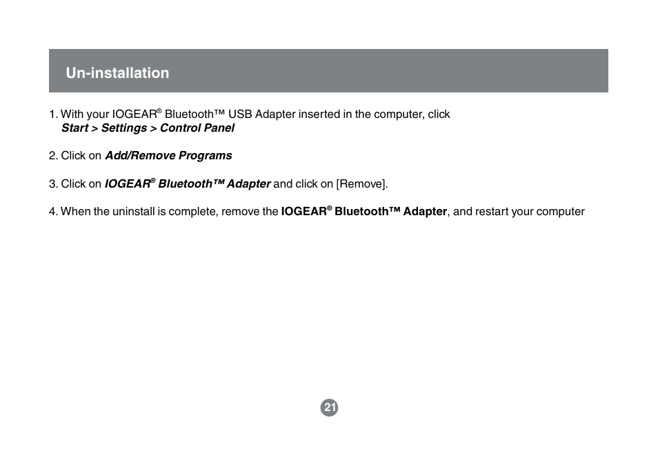 Un-installation | IOGear GBU211 User Manual | Page 24 / 60