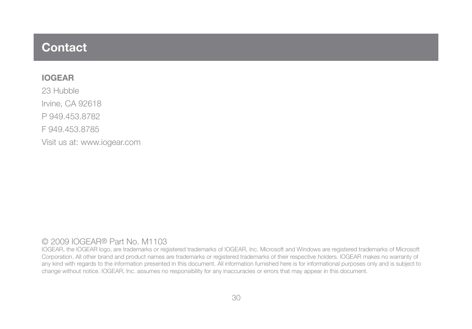 Contact | IOGear GCS932UB User Manual | Page 30 / 32