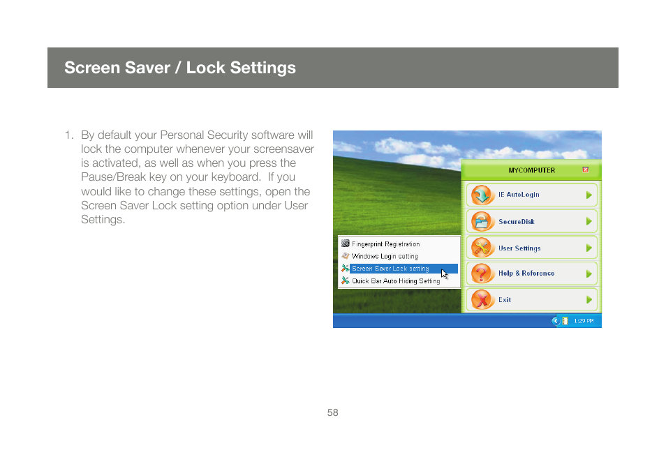 Screen saver / lock settings | IOGear GMEFP1W6 User Manual | Page 58 / 64