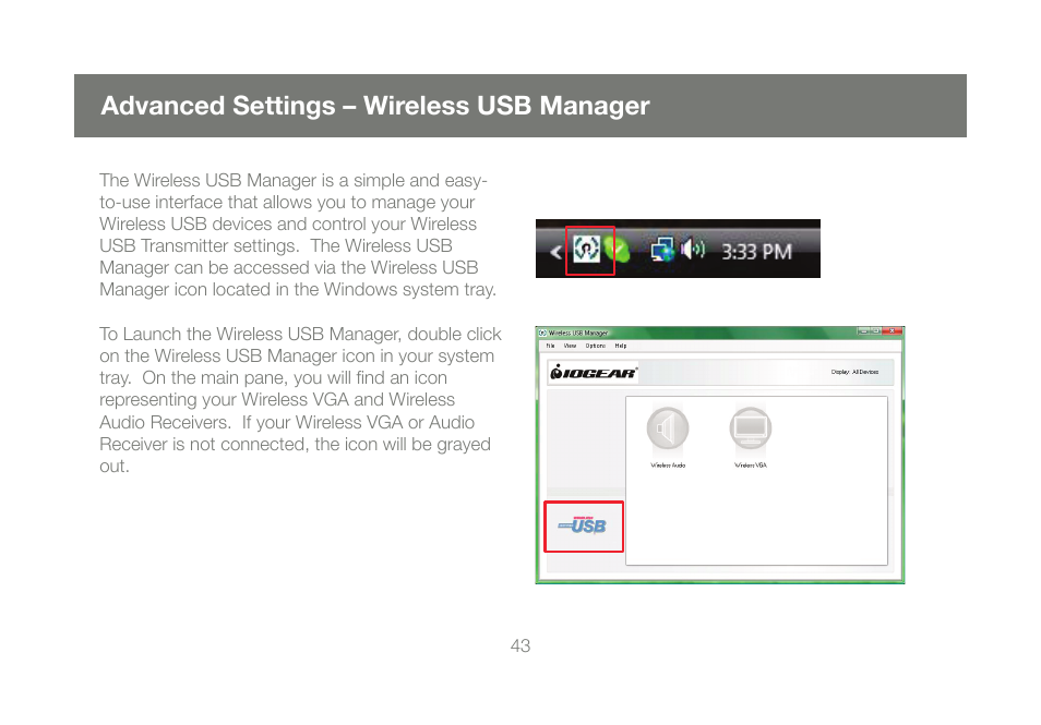 Advanced settings – wireless usb manager | IOGear GUWAVKIT User Manual | Page 43 / 80