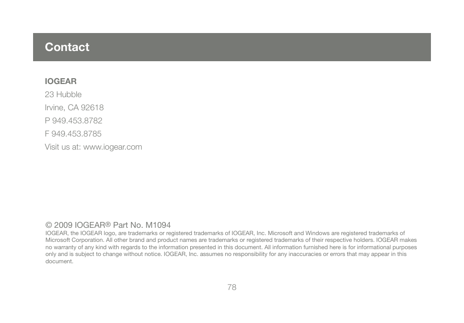 Contact | IOGear GUWAVKIT User Manual | Page 78 / 80