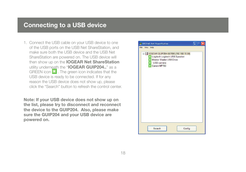 Connecting to a usb device | IOGear M1057 User Manual | Page 18 / 56