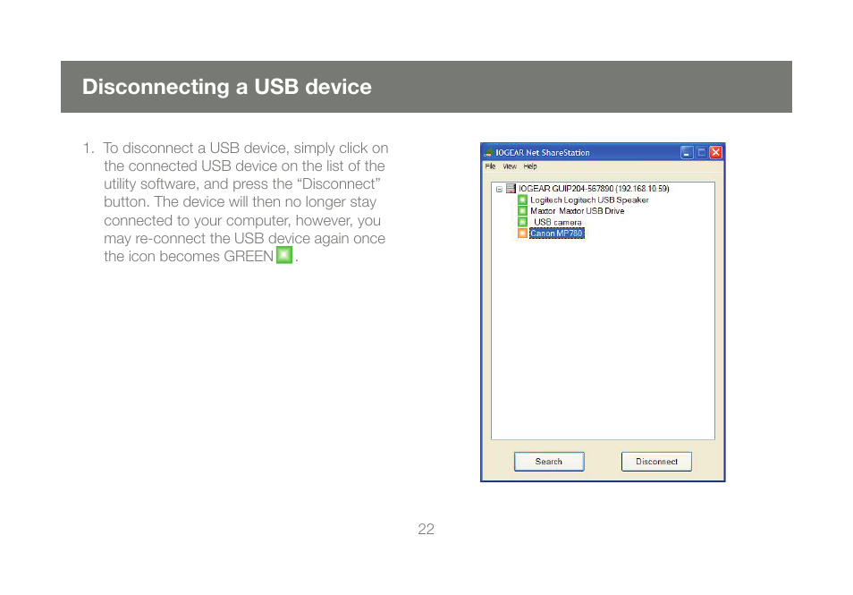 Disconnecting a usb device | IOGear M1057 User Manual | Page 22 / 56