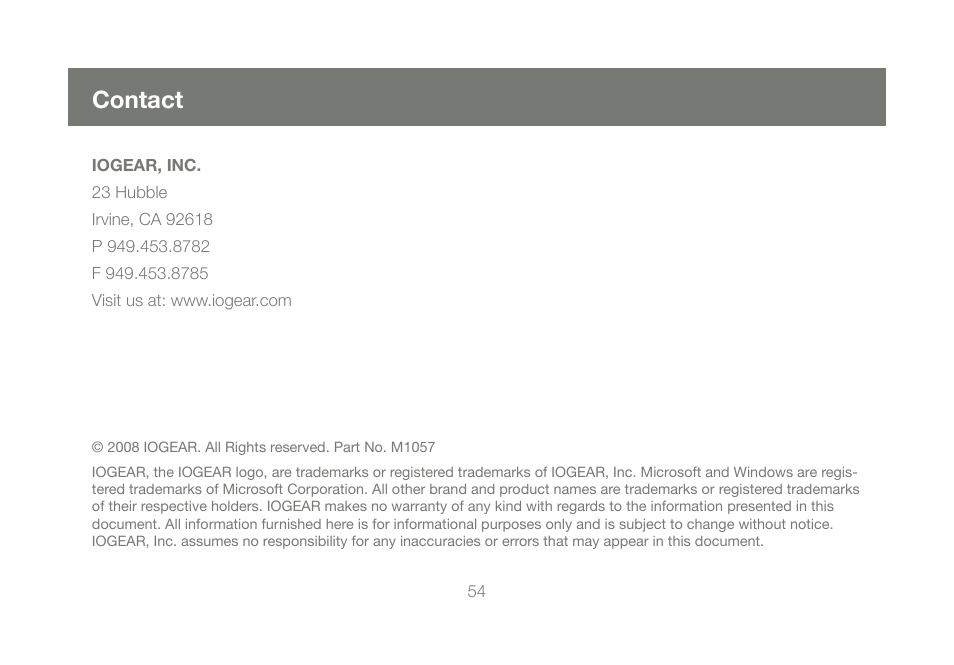 Contact | IOGear M1057 User Manual | Page 54 / 56