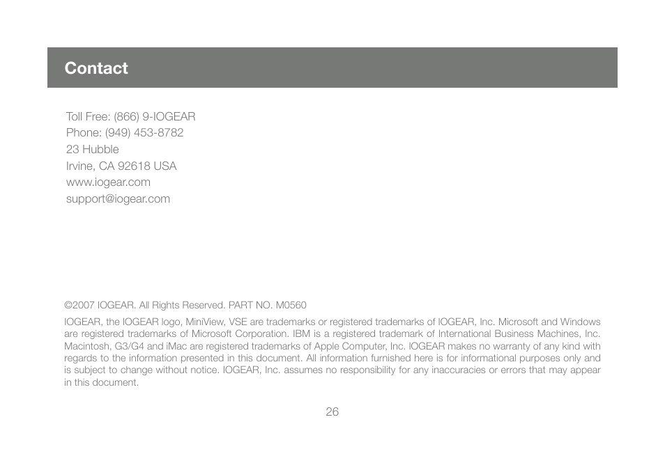 Contact | IOGear M0560 User Manual | Page 26 / 28