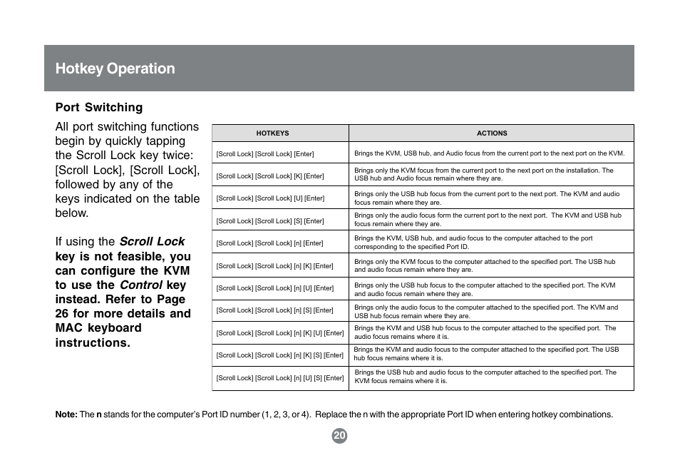 Hotkey operation, Scroll lock, Control | Port switching | IOGear GCS1742 User Manual | Page 20 / 48