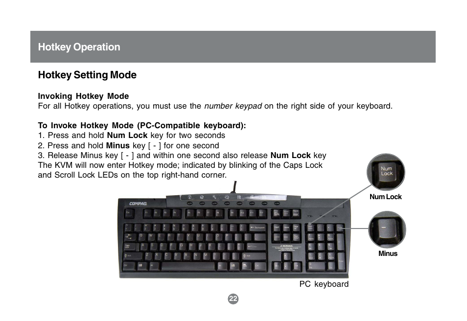 Hotkey setting mode, Hotkey operation | IOGear GCS1742 User Manual | Page 22 / 48