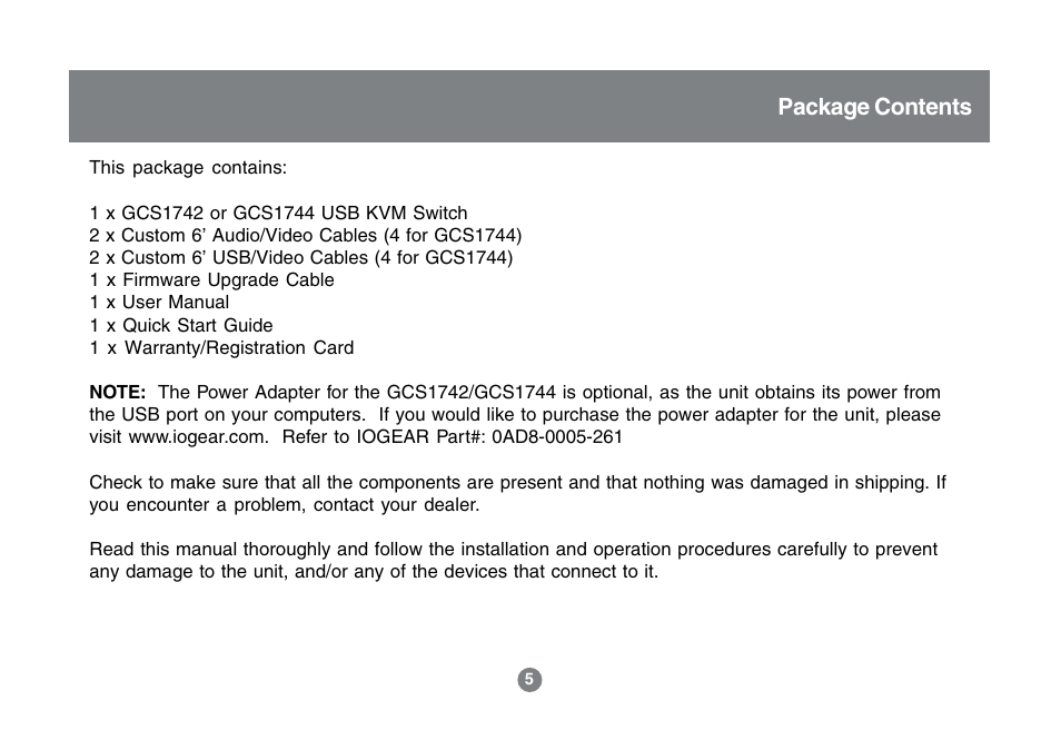 Package contents | IOGear GCS1742 User Manual | Page 5 / 48