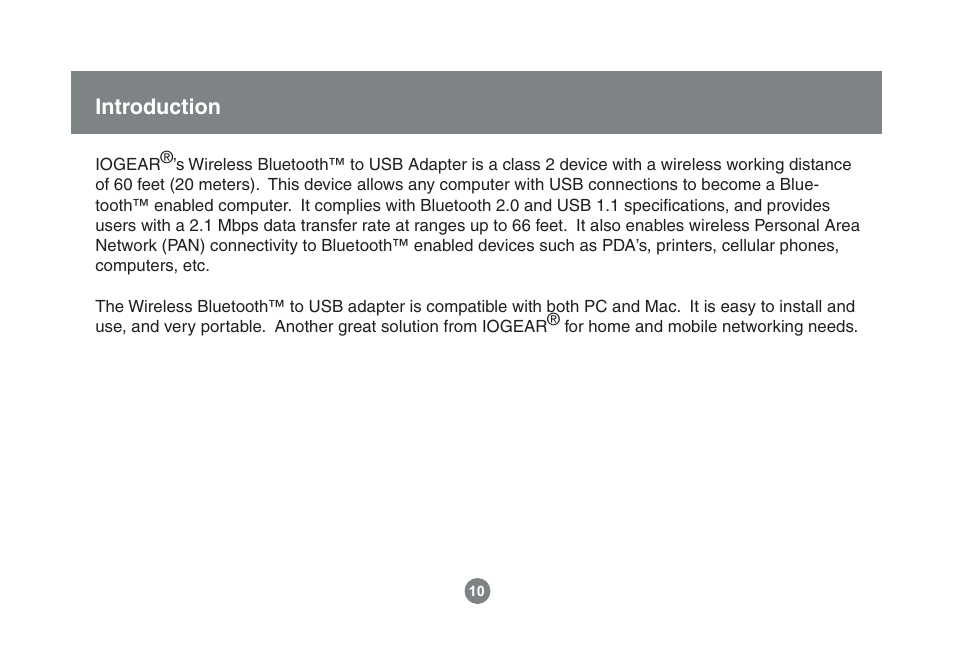 Introduction | IOGear Enhanced Data Rate Bluetooth USB Adapter GBU221P User Manual | Page 10 / 60