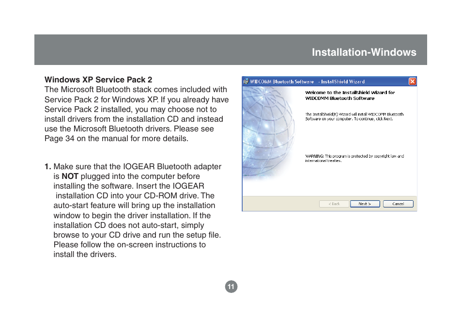 Installation-windows | IOGear Enhanced Data Rate Bluetooth USB Adapter GBU221P User Manual | Page 11 / 60