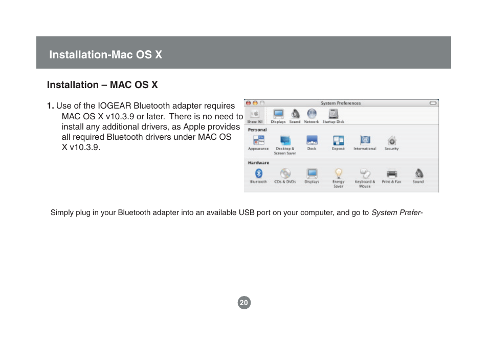 Installation-mac os x | IOGear Enhanced Data Rate Bluetooth USB Adapter GBU221P User Manual | Page 20 / 60