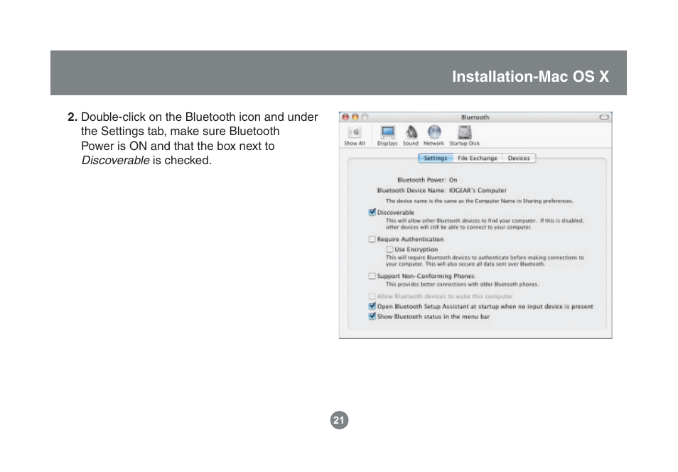 Installation-mac os x | IOGear Enhanced Data Rate Bluetooth USB Adapter GBU221P User Manual | Page 21 / 60