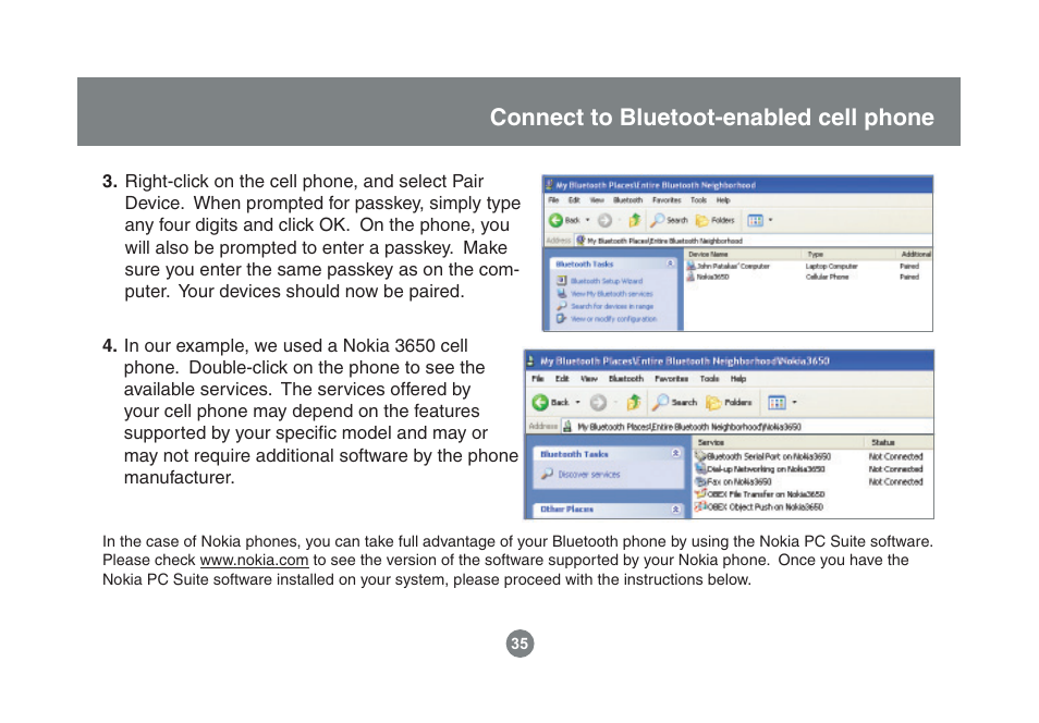 Connect to bluetoot-enabled cell phone | IOGear Enhanced Data Rate Bluetooth USB Adapter GBU221P User Manual | Page 35 / 60