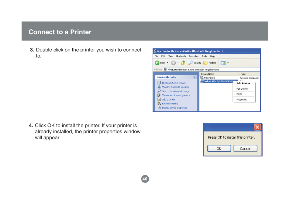 Connect to a printer | IOGear Enhanced Data Rate Bluetooth USB Adapter GBU221P User Manual | Page 40 / 60