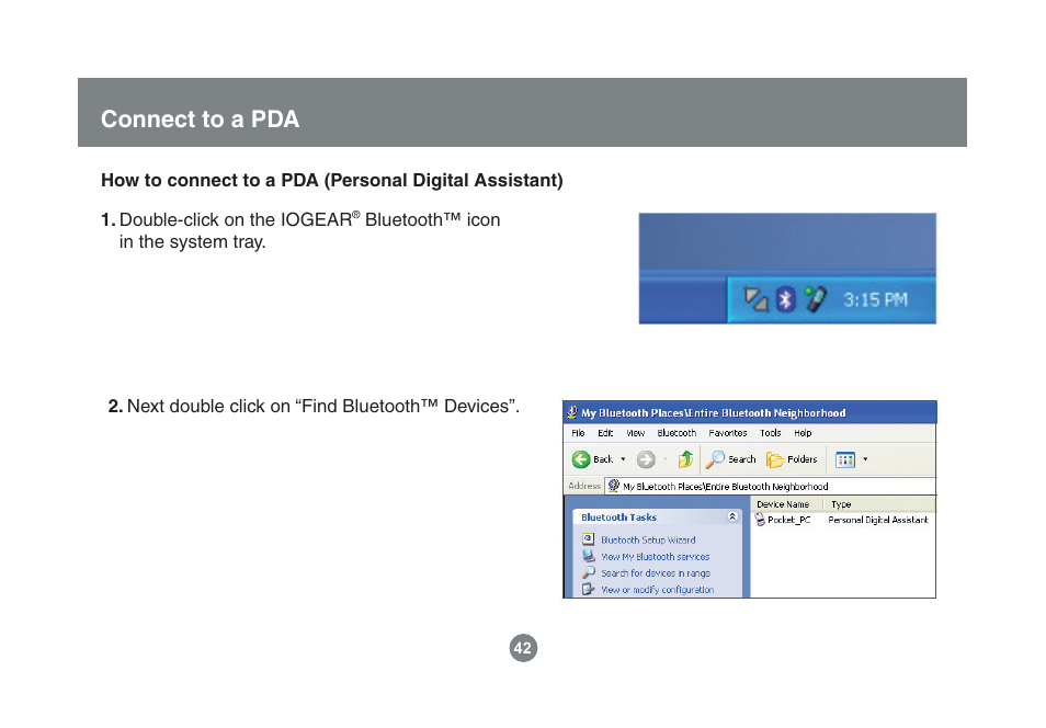 Connect to a pda | IOGear Enhanced Data Rate Bluetooth USB Adapter GBU221P User Manual | Page 42 / 60