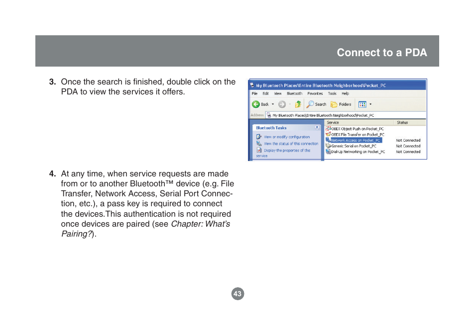Connect to a pda | IOGear Enhanced Data Rate Bluetooth USB Adapter GBU221P User Manual | Page 43 / 60