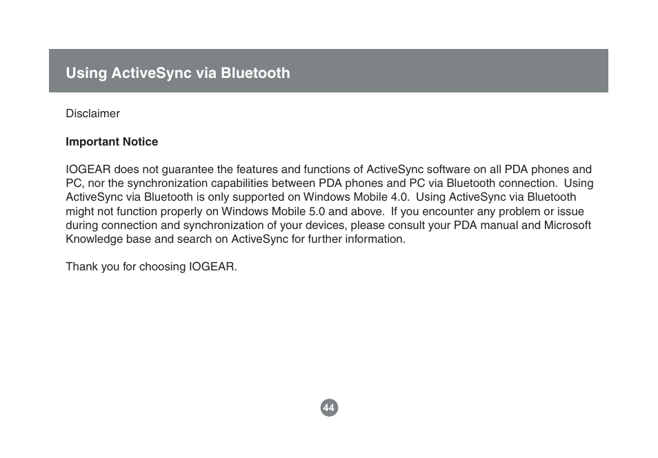 Using activesync via bluetooth | IOGear Enhanced Data Rate Bluetooth USB Adapter GBU221P User Manual | Page 44 / 60