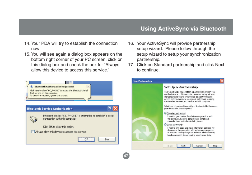 Using activesync via bluetooth | IOGear Enhanced Data Rate Bluetooth USB Adapter GBU221P User Manual | Page 47 / 60