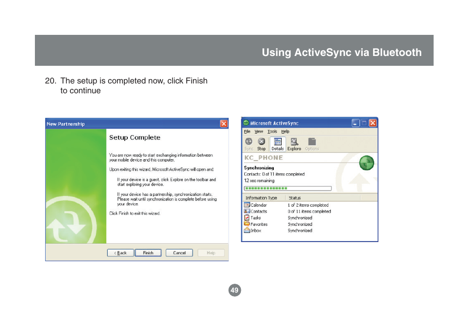 Using activesync via bluetooth | IOGear Enhanced Data Rate Bluetooth USB Adapter GBU221P User Manual | Page 49 / 60