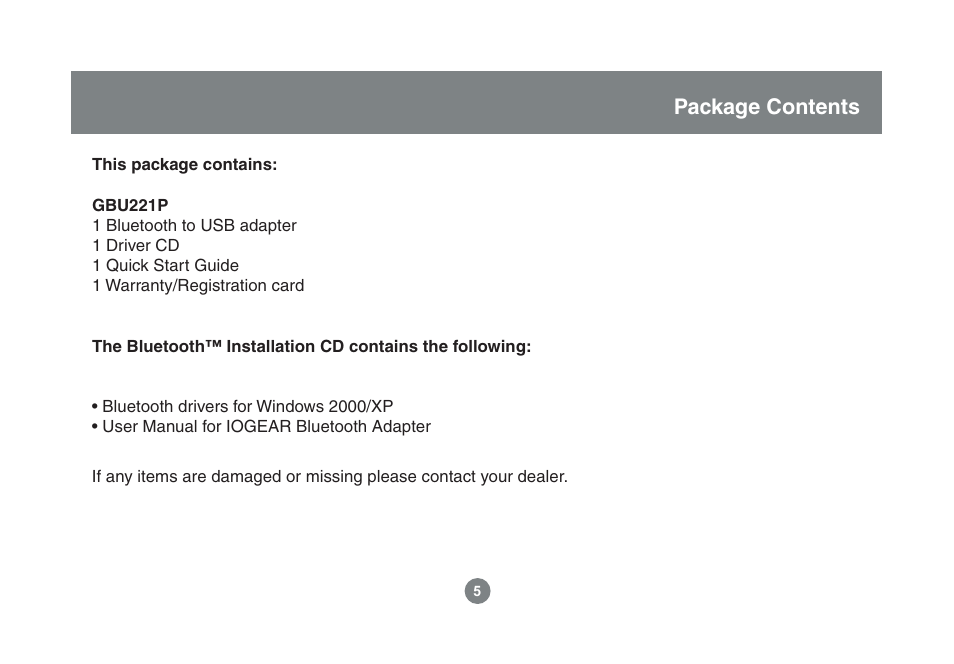 Package contents | IOGear Enhanced Data Rate Bluetooth USB Adapter GBU221P User Manual | Page 5 / 60