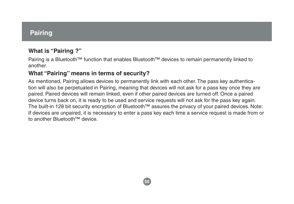 Pairing | IOGear Enhanced Data Rate Bluetooth USB Adapter GBU221P User Manual | Page 50 / 60