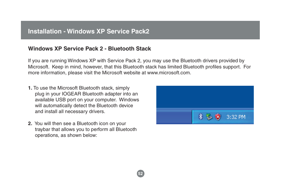 Installation - windows xp service pack2 | IOGear Enhanced Data Rate Bluetooth USB Adapter GBU221P User Manual | Page 52 / 60