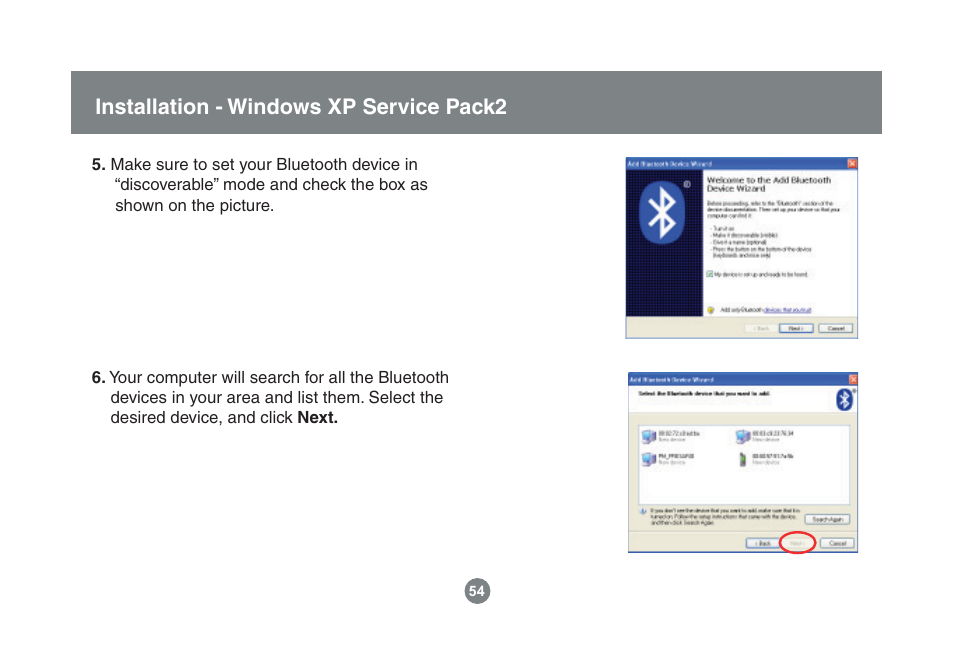 Installation - windows xp service pack2 | IOGear Enhanced Data Rate Bluetooth USB Adapter GBU221P User Manual | Page 54 / 60