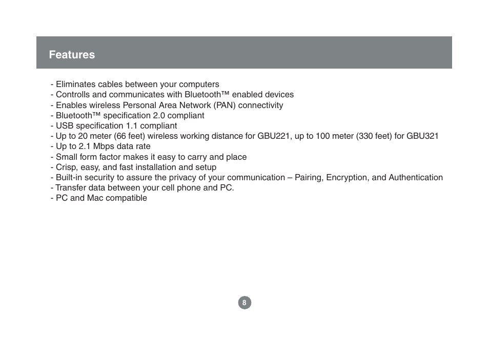 Features | IOGear Enhanced Data Rate Bluetooth USB Adapter GBU221P User Manual | Page 8 / 60