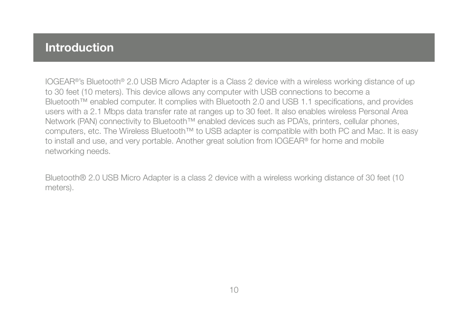 Introduction | IOGear Bluetooth 2.0 USB Micro Adapter GBU421 User Manual | Page 10 / 69