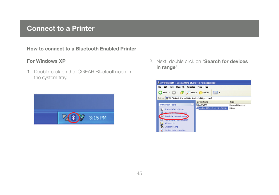 Connect to a printer | IOGear Bluetooth 2.0 USB Micro Adapter GBU421 User Manual | Page 45 / 69