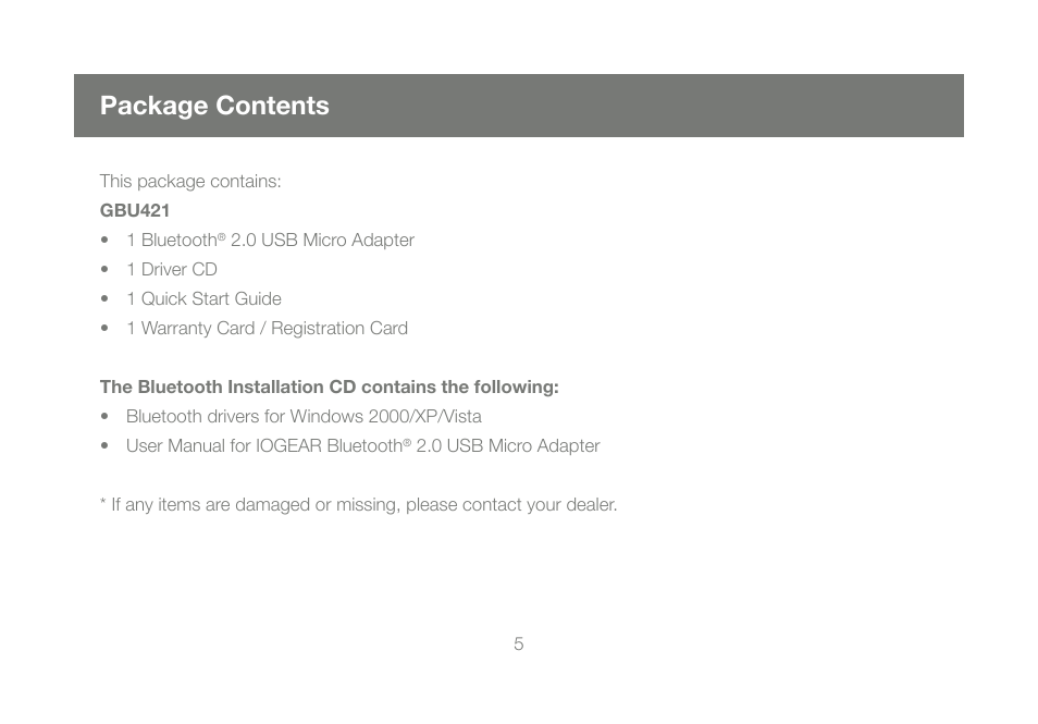 Package contents | IOGear Bluetooth 2.0 USB Micro Adapter GBU421 User Manual | Page 5 / 69