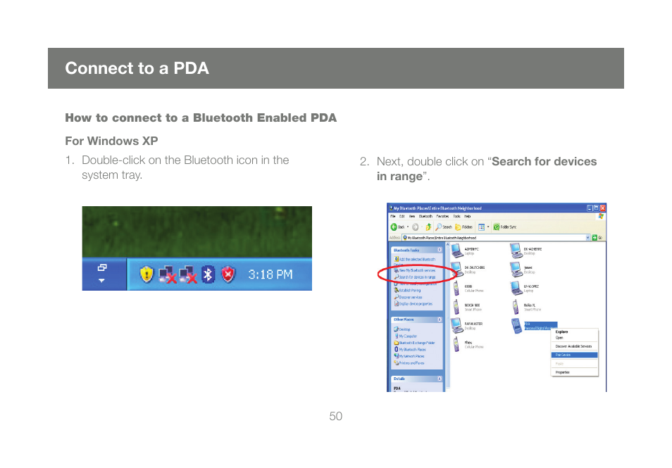 Connect to a pda | IOGear Bluetooth 2.0 USB Micro Adapter GBU421 User Manual | Page 50 / 69