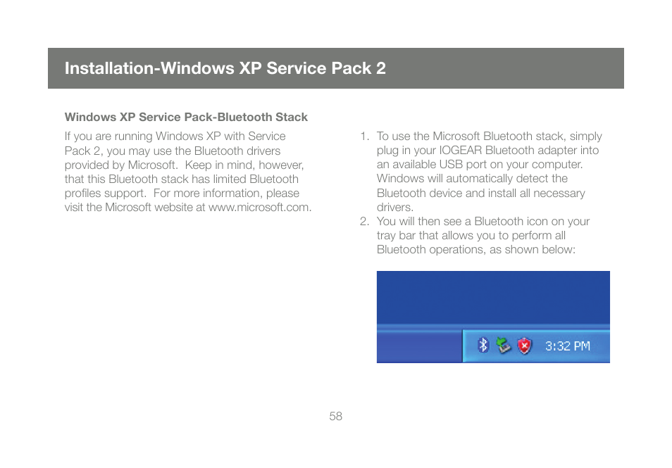 Installation-windows xp service pack 2 | IOGear Bluetooth 2.0 USB Micro Adapter GBU421 User Manual | Page 58 / 69