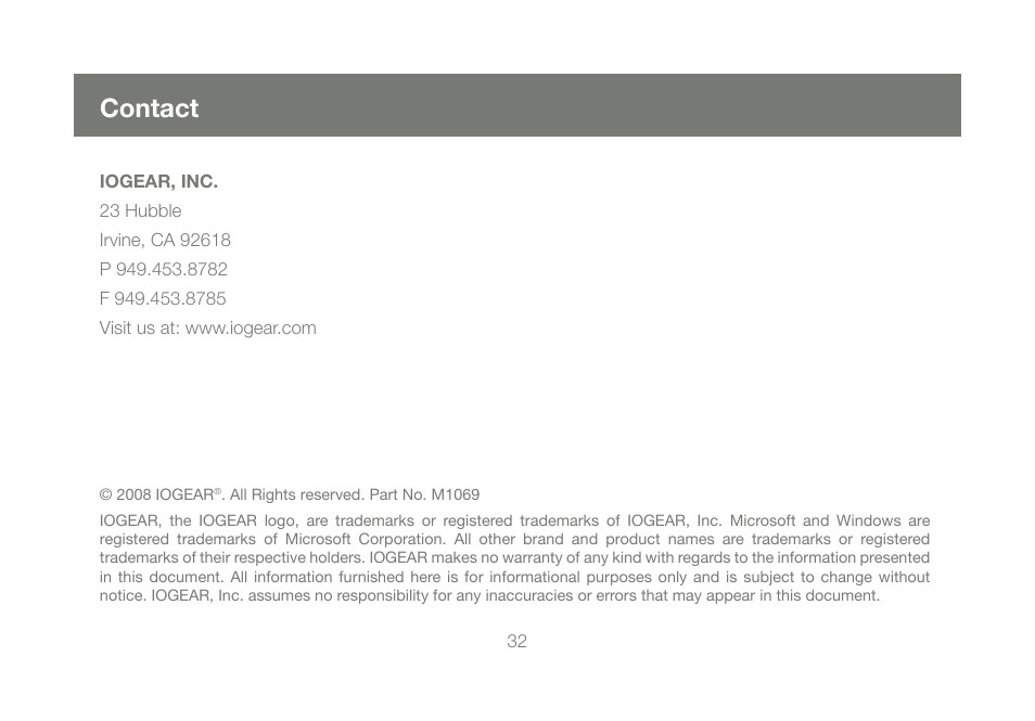 Contact | IOGear GCS661U User Manual | Page 32 / 36