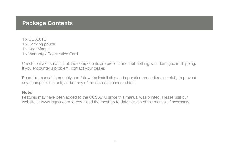 Package contents | IOGear GCS661U User Manual | Page 8 / 36