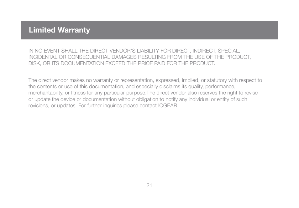 Limited warranty | IOGear GUC2015V User Manual | Page 21 / 24