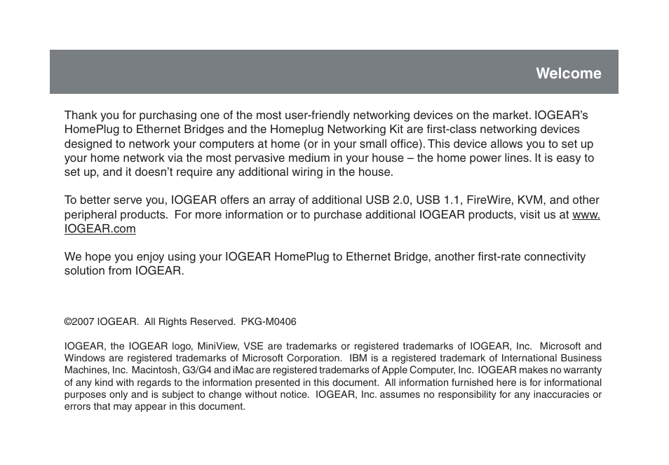 Welcome | IOGear HomePlug to Ethernet Bridge GHPB42 User Manual | Page 2 / 75