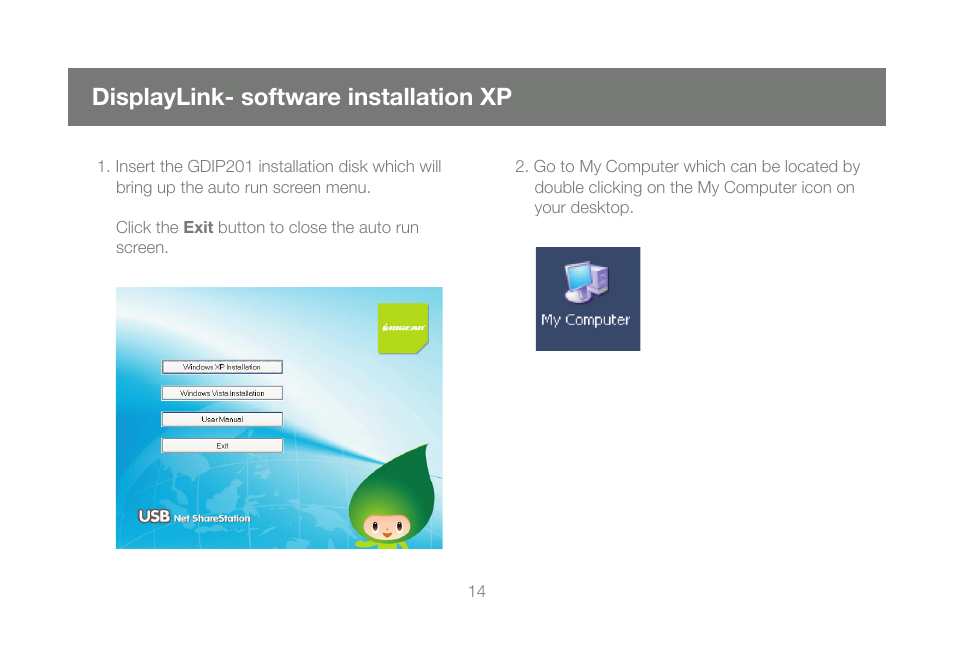 Displaylink- software installation xp | IOGear DVI Net ShareStation GDIP201 User Manual | Page 14 / 74