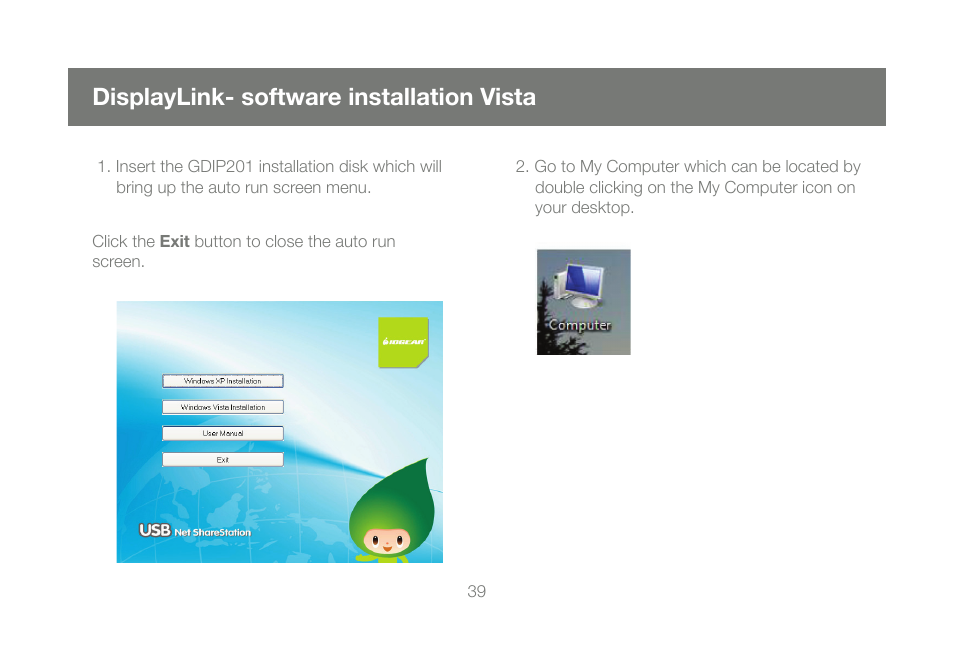 Displaylink- software installation vista | IOGear DVI Net ShareStation GDIP201 User Manual | Page 39 / 74