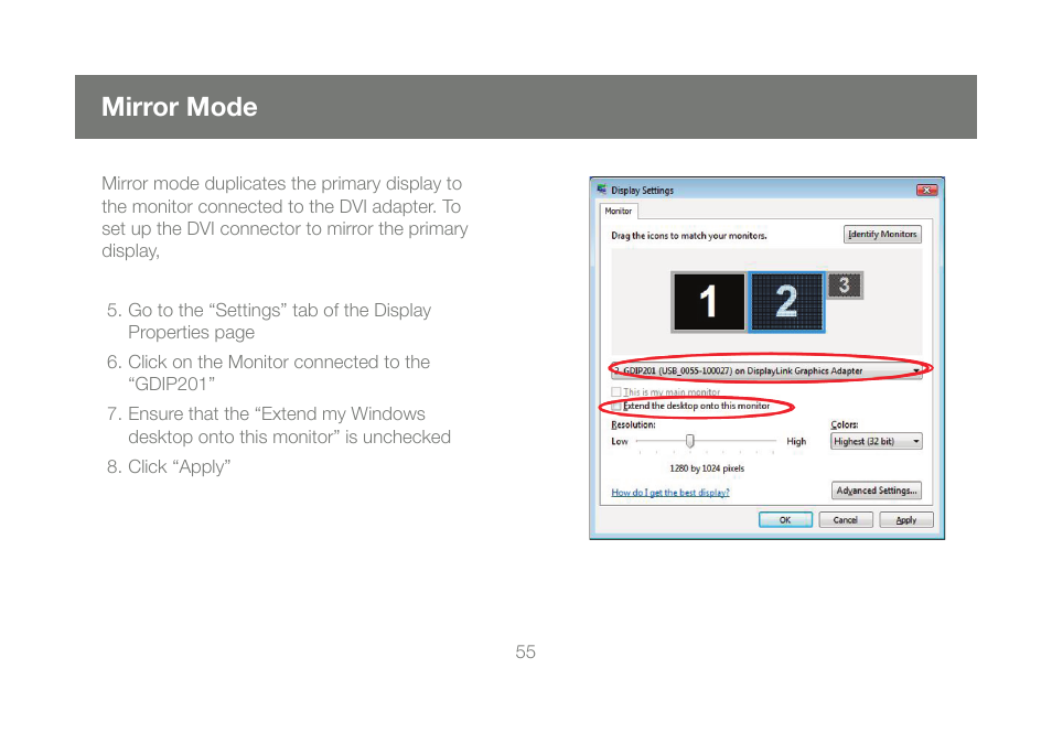 Mirror mode | IOGear DVI Net ShareStation GDIP201 User Manual | Page 55 / 74