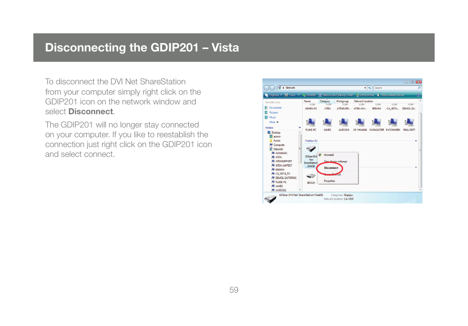 Disconnecting the gdip201 – vista | IOGear DVI Net ShareStation GDIP201 User Manual | Page 59 / 74