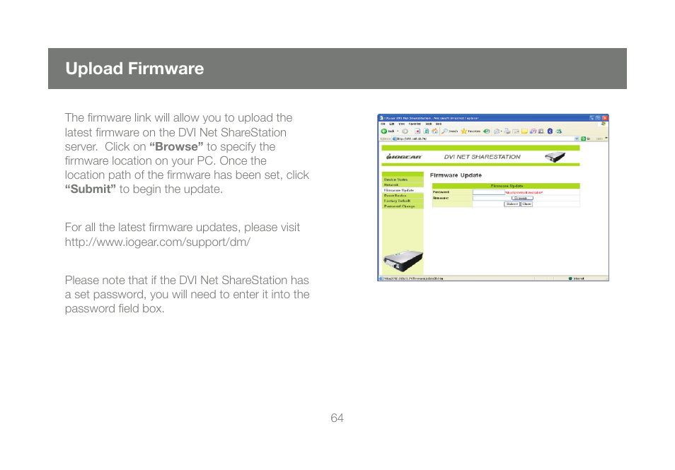 Upload firmware | IOGear DVI Net ShareStation GDIP201 User Manual | Page 64 / 74