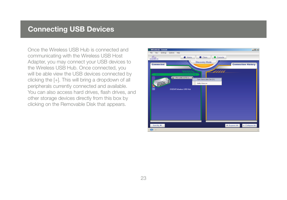 Connecting usb devices | IOGear Wireless USB Hub and Adapter Kit GUWH204KIT User Manual | Page 23 / 40