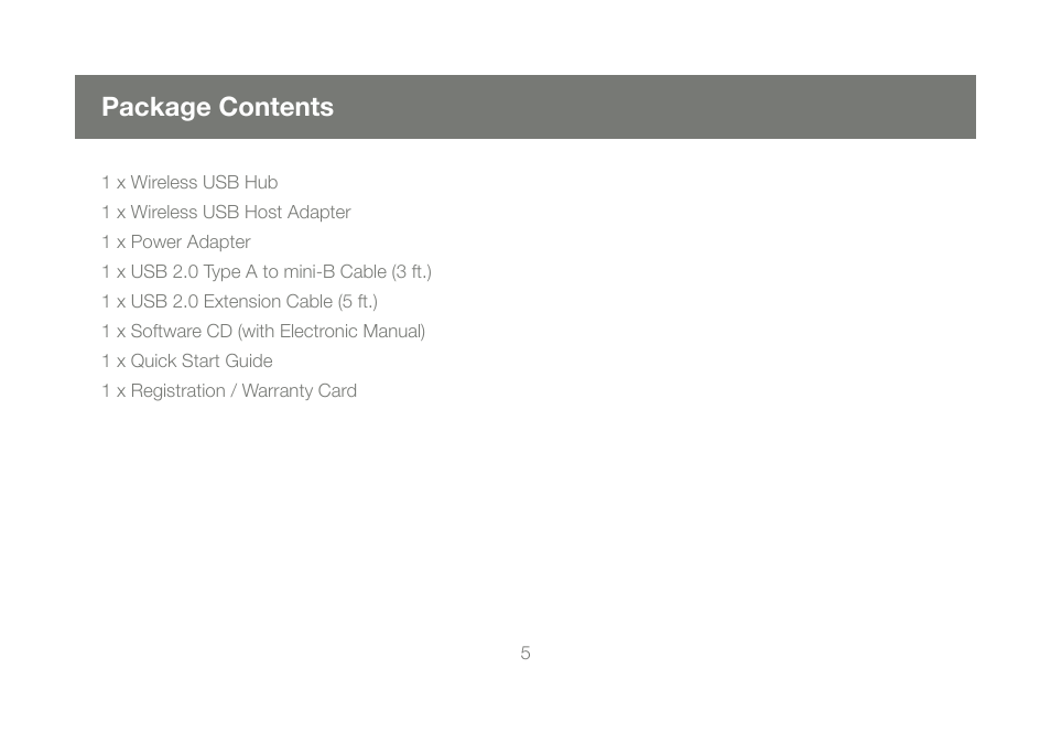 Package contents | IOGear Wireless USB Hub and Adapter Kit GUWH204KIT User Manual | Page 5 / 40