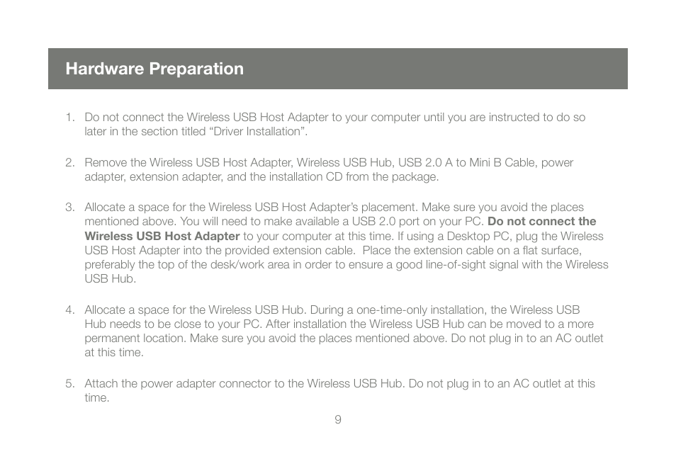 Hardware preparation | IOGear Wireless USB Hub and Adapter Kit GUWH204KIT User Manual | Page 9 / 40